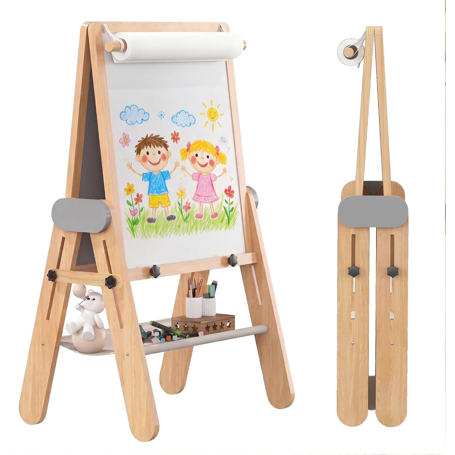 Folding Kids Art Easel with Magnetic Chalkboard and Whiteboard