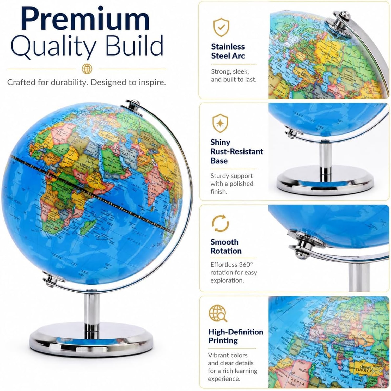 20cm Political World Globe with Stainless Steel Arc and Base: image 2