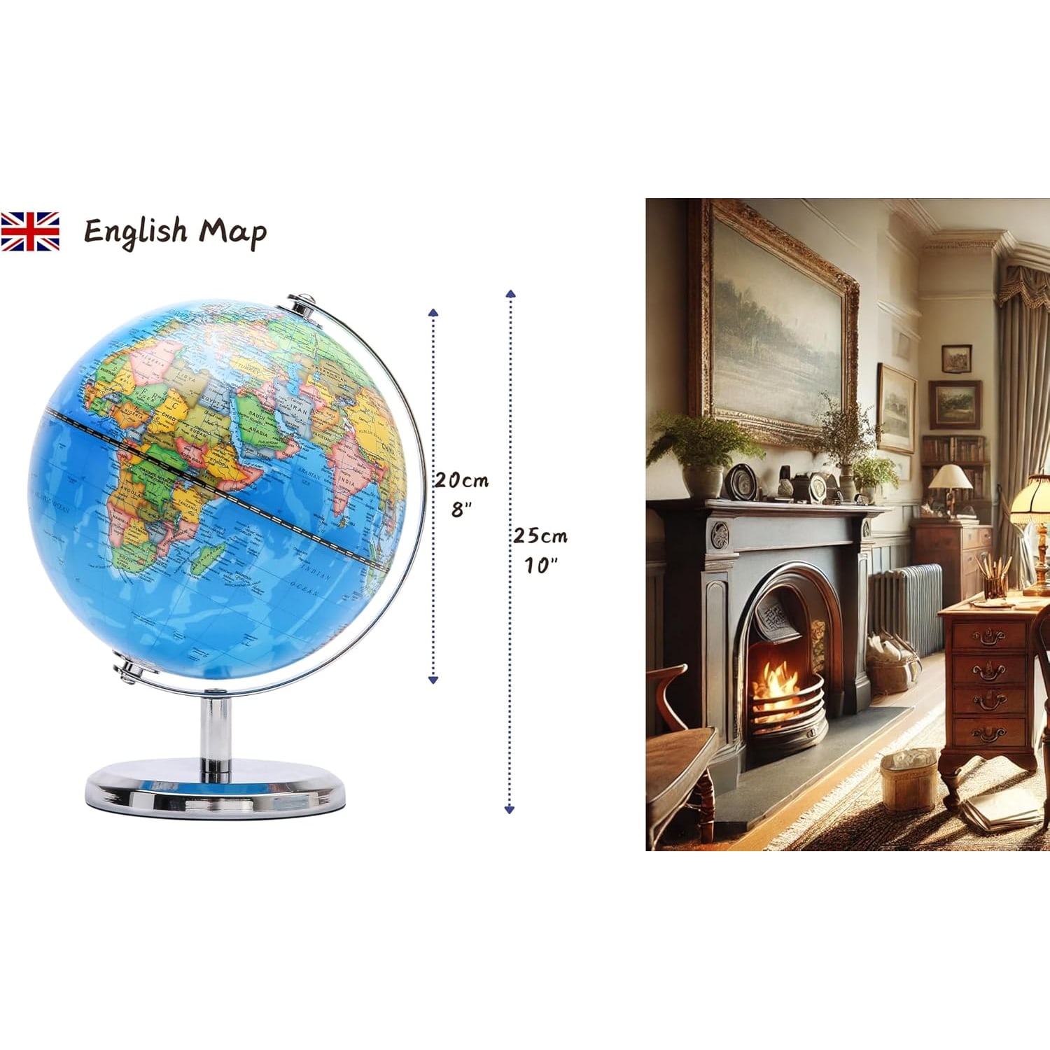 20cm Political World Globe with Stainless Steel Arc and Base: image 3