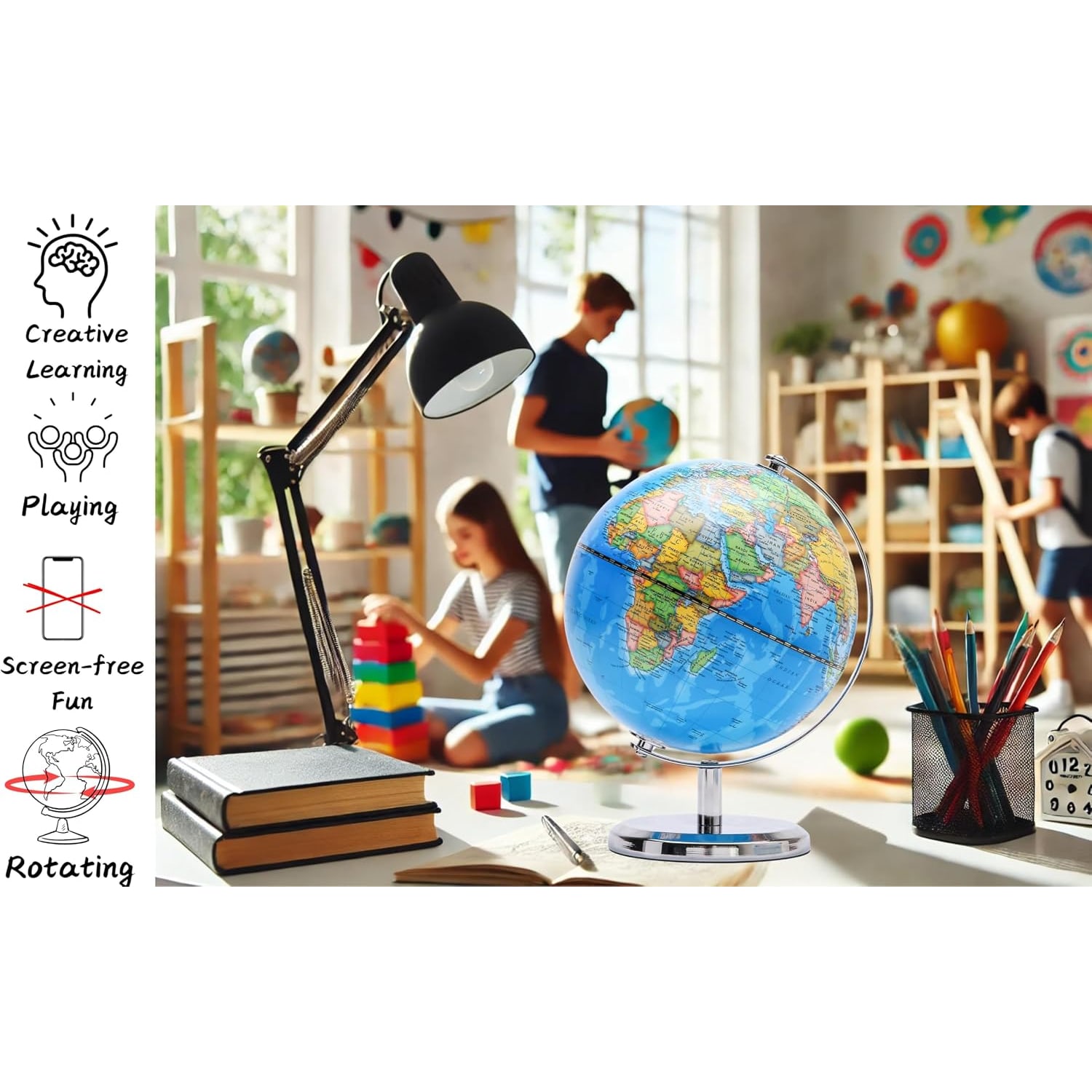 20cm Political World Globe with Stainless Steel Arc and Base: image 5