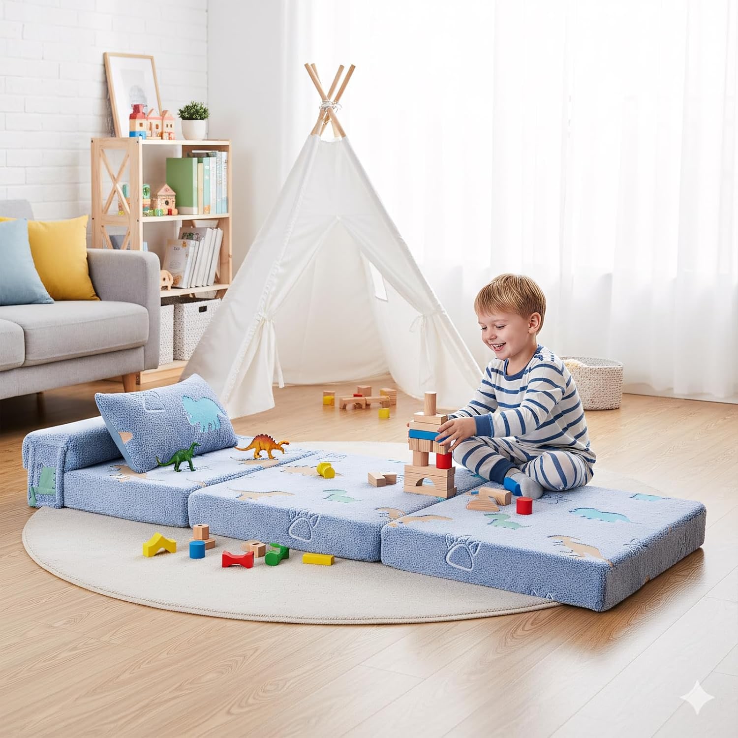 3 in 1 Foldable Kids Sofa with Pillow (Blue Dinosaur): image 6