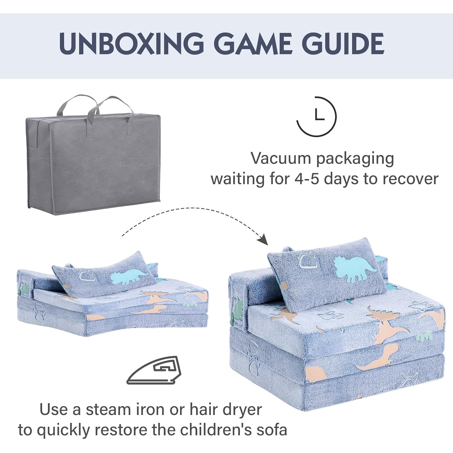 3 in 1 Foldable Kids Sofa with Pillow (Blue Dinosaur): image 7