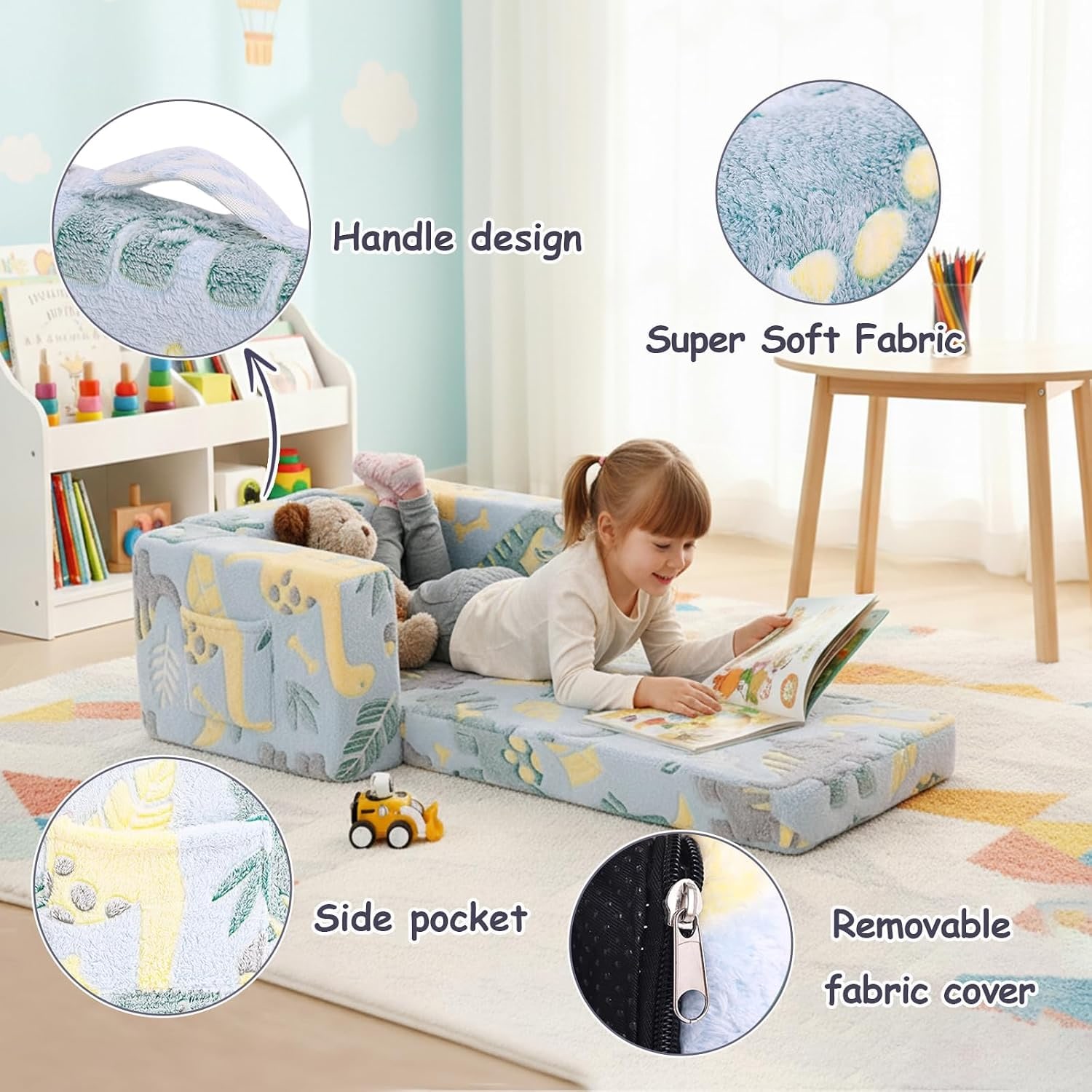 Kids Fold Out Sofa Dinosaur 2-in-1 Couch Chair