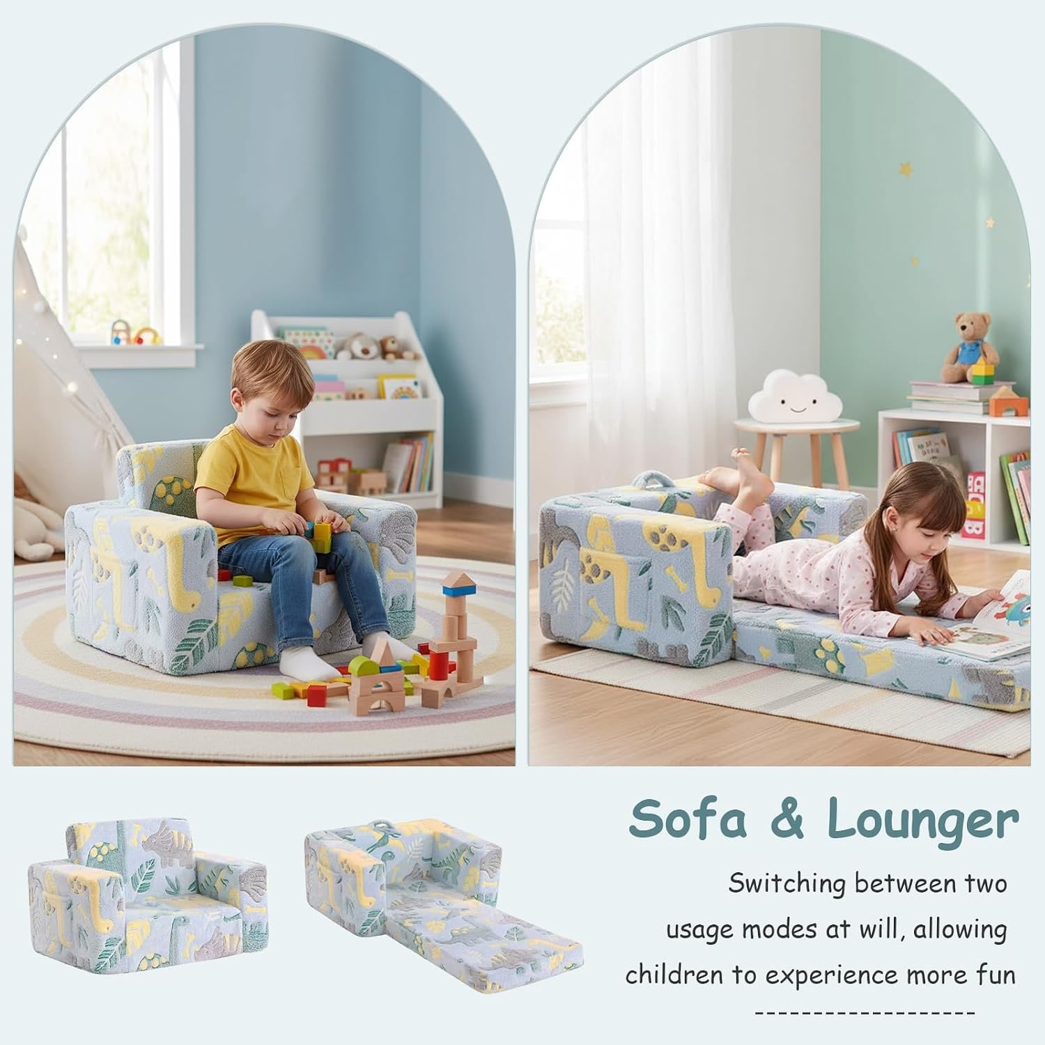Kids Fold Out Sofa Dinosaur 2-in-1 Couch Chair
