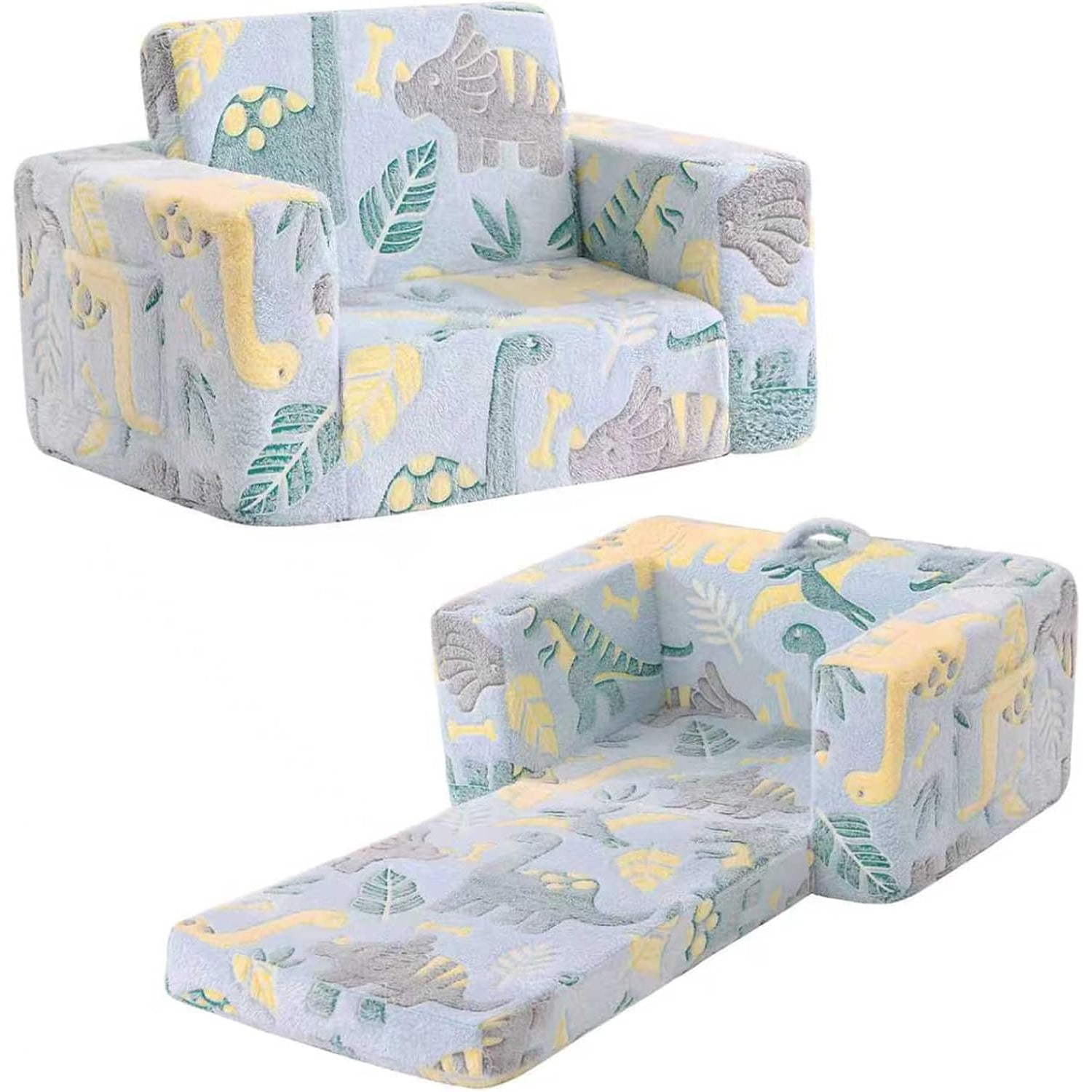 Kids Fold Out Sofa Dinosaur 2-in-1 Couch Chair