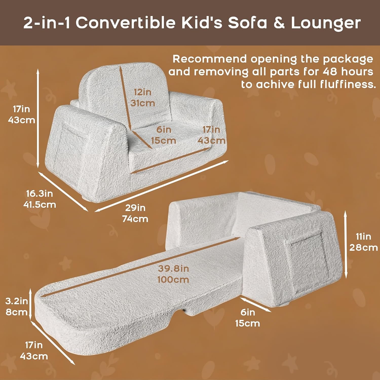 Kids Sofa Bed 2 in 1 Convertible Sherpa Lounger