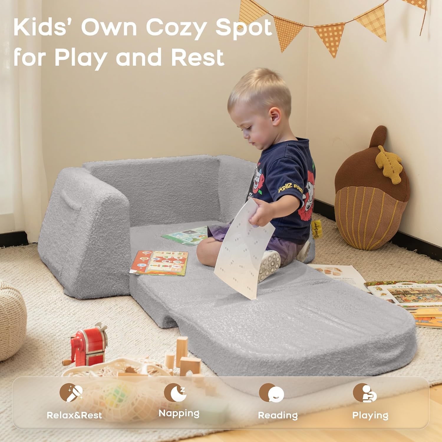 Kids Sofa Bed 2 in 1 Convertible Sherpa Lounger