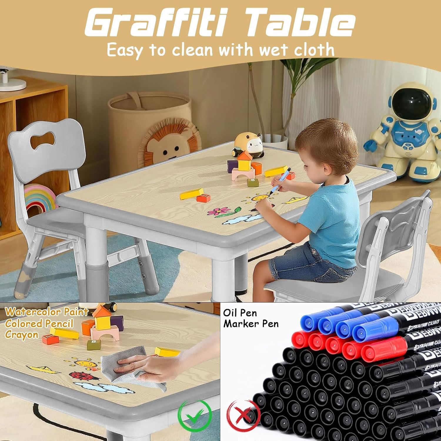 Adjustable Kids Table and 2 Chairs Set