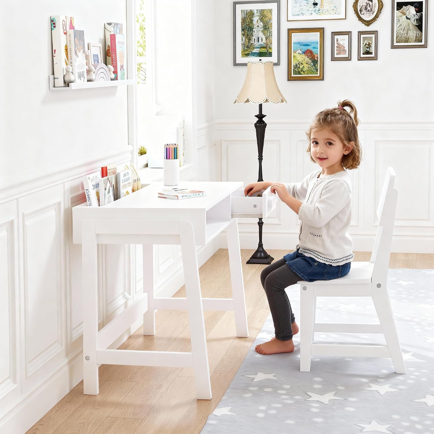 Kids Study Desk and Chair Set with Drawer and Open Storage: image 2