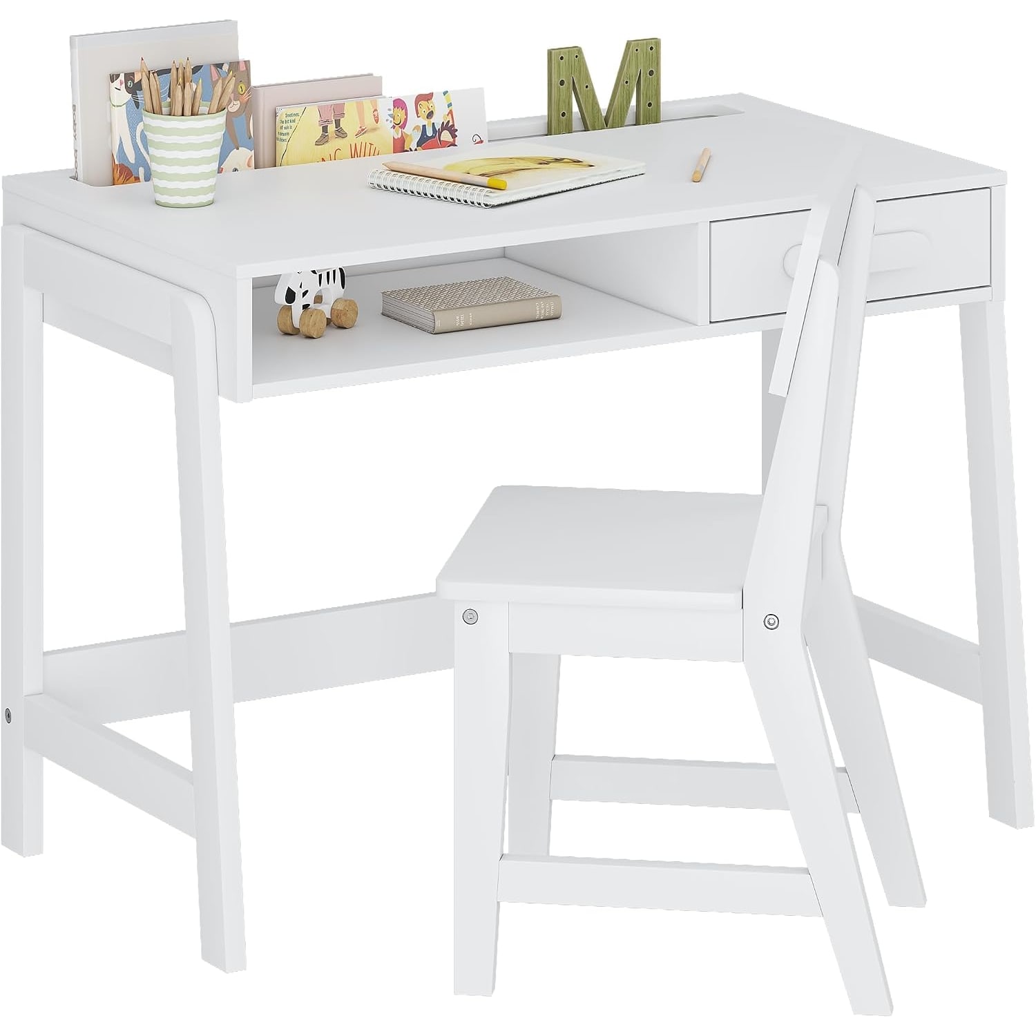 Kids Study Desk and Chair Set with Drawer and Open Storage