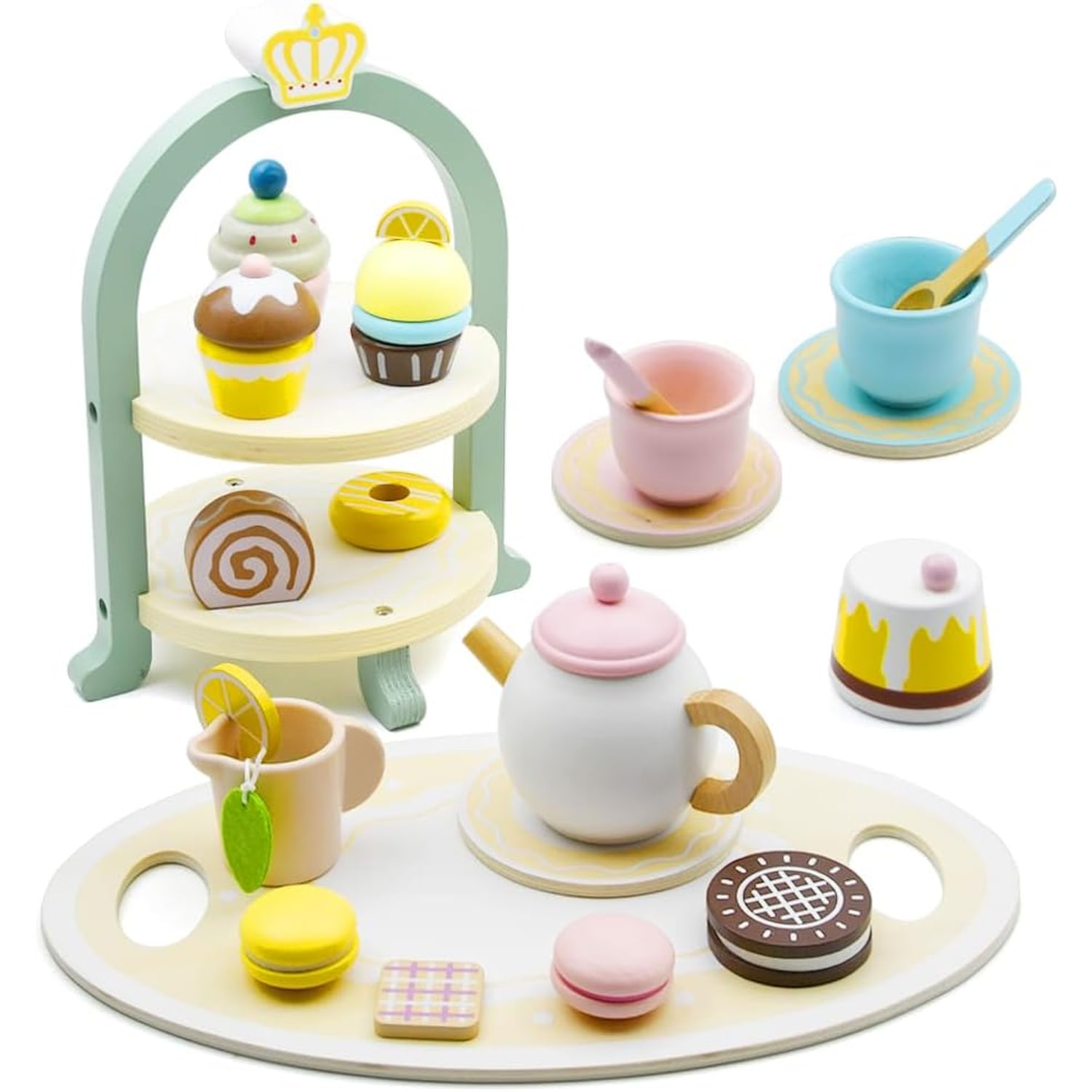 Wooden Tea Party Set with Cupcake Tower, 24 Pieces