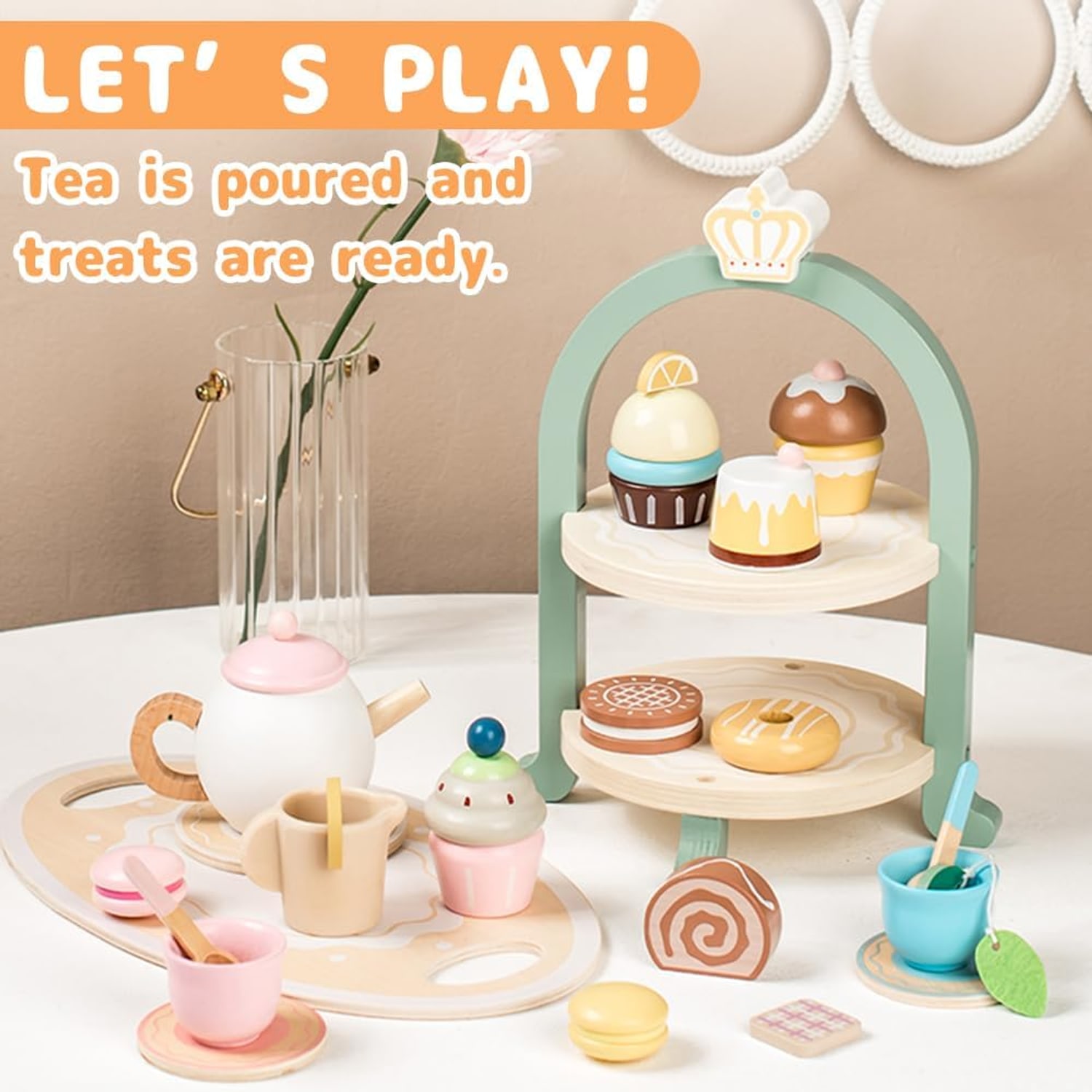 Wooden Tea Party Set with Cupcake Tower, 24 Pieces