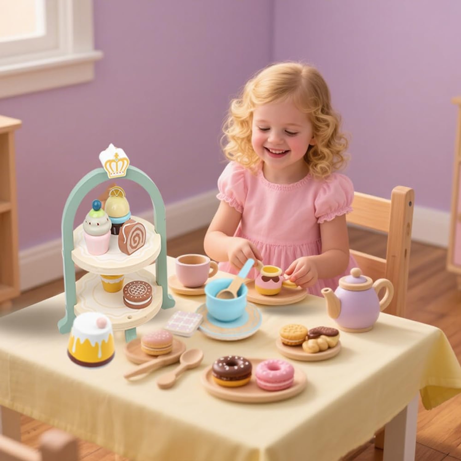 Wooden Tea Party Set with Cupcake Tower, 24 Pieces