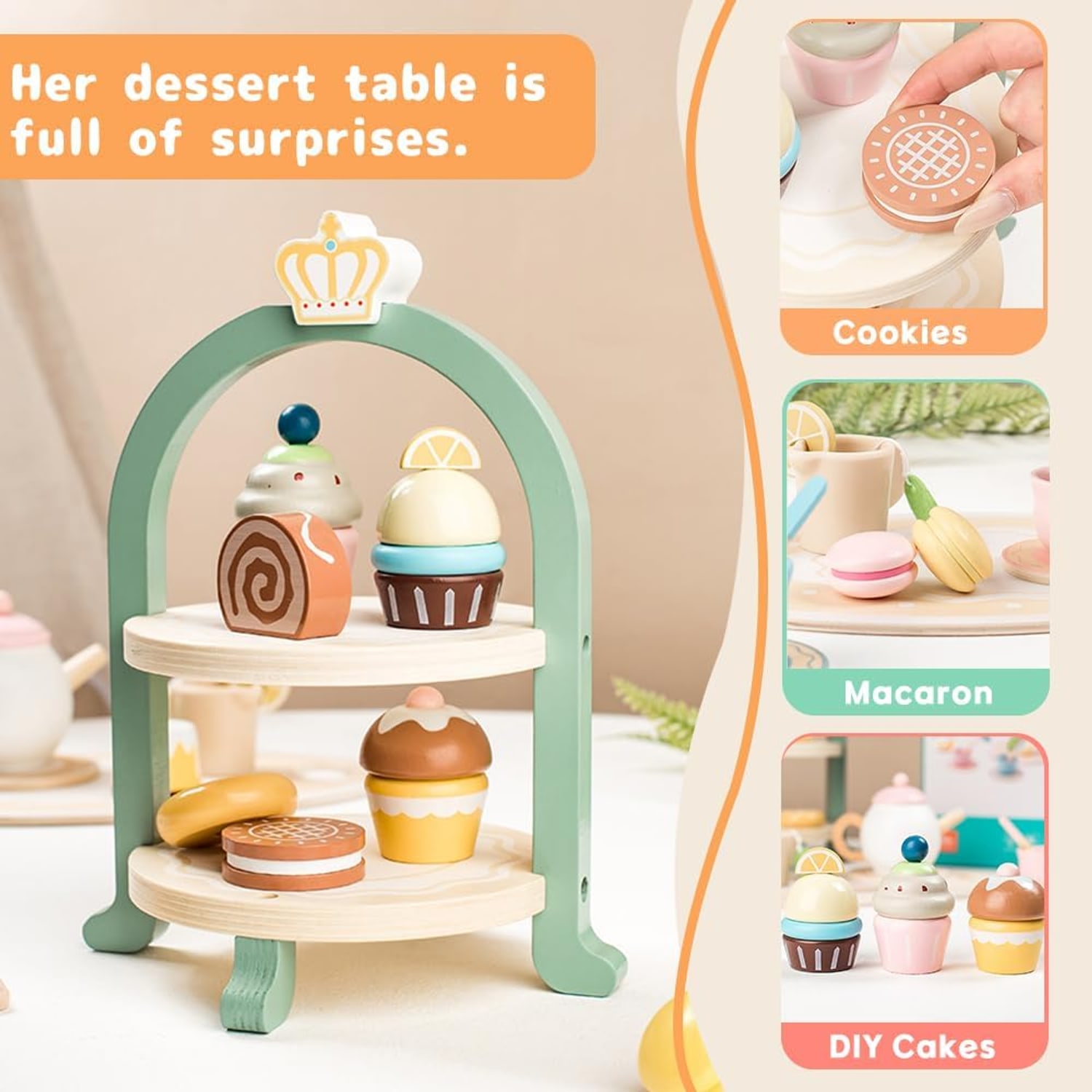 Wooden Tea Party Set with Cupcake Tower, 24 Pieces