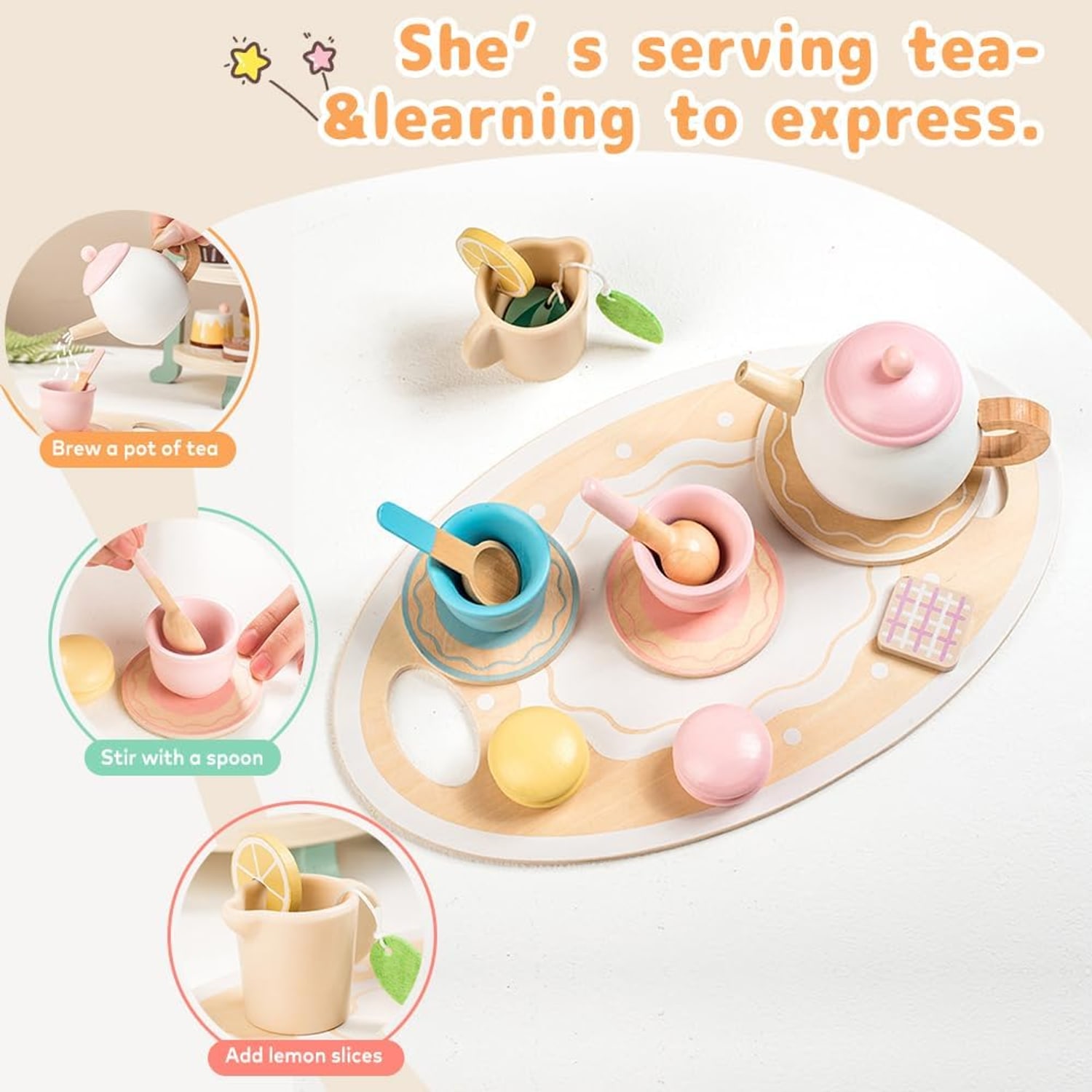 Wooden Tea Party Set with Cupcake Tower, 24 Pieces