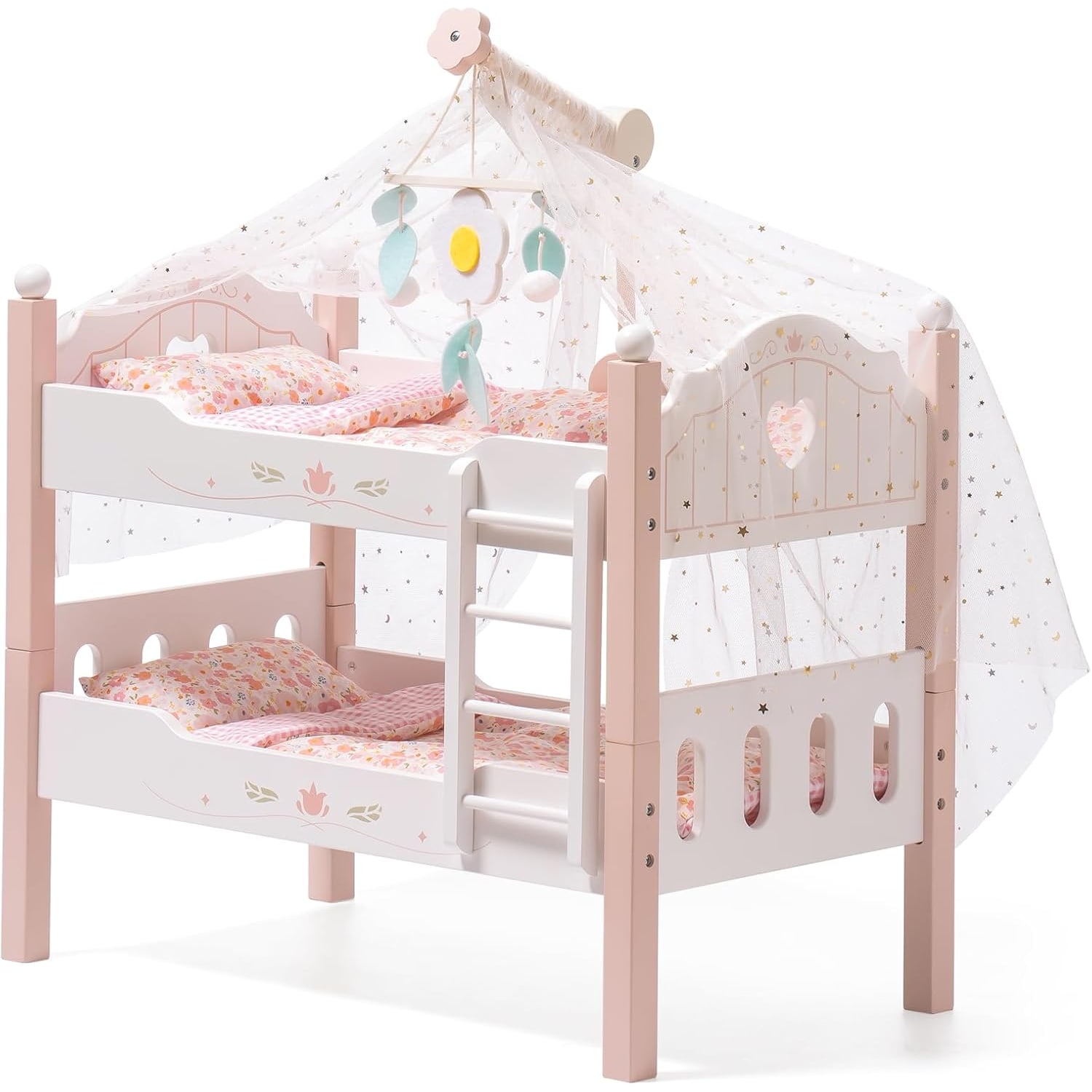 Wooden Doll Bunk Bed with Bedding, Canopy and Ladder