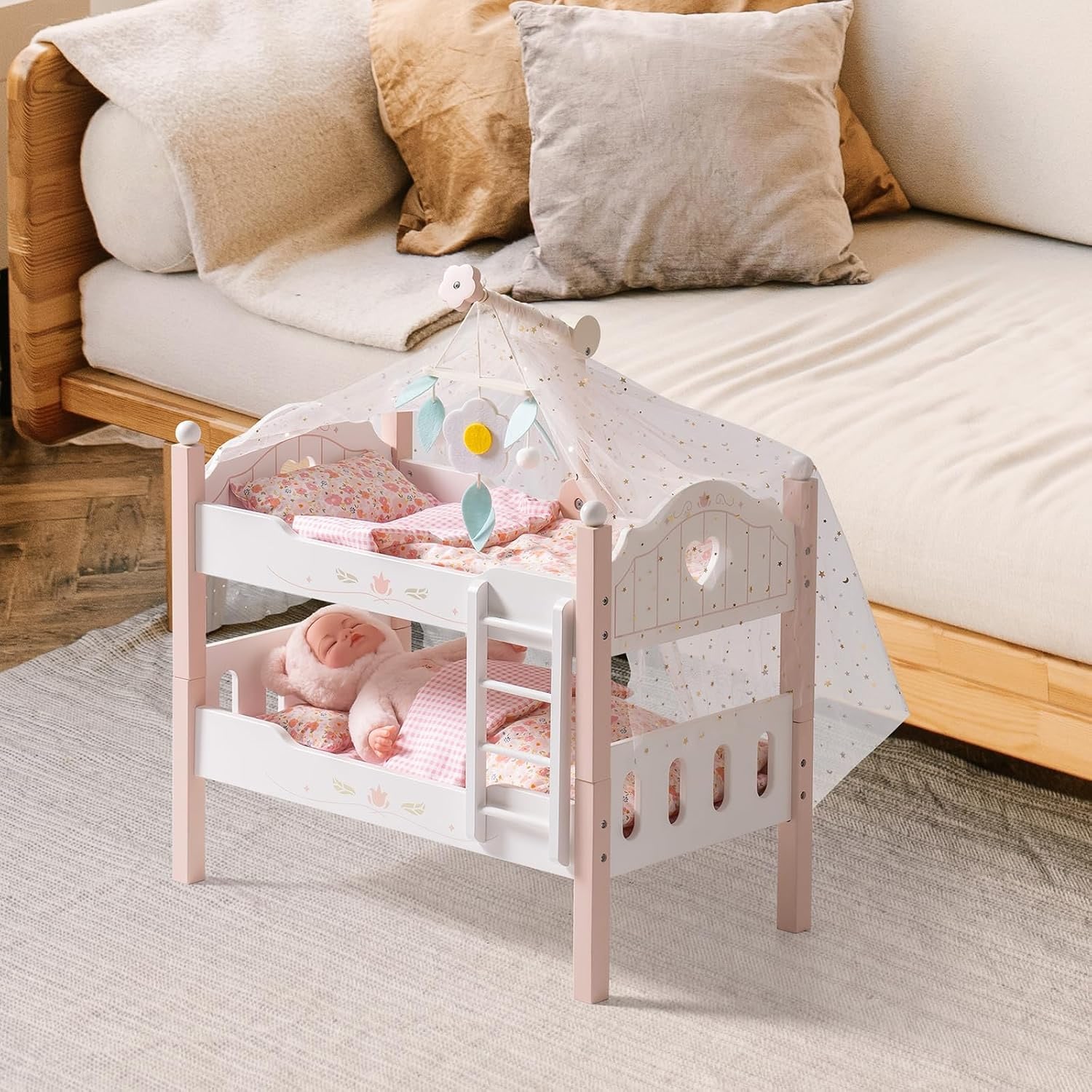 Wooden Doll Bunk Bed with Bedding, Canopy and Ladder: image 7