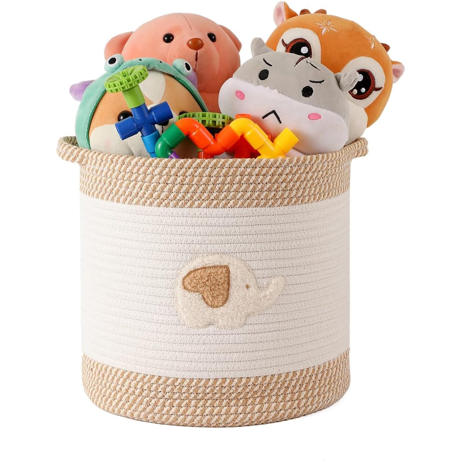 Woven Cotton Rope Toy Basket with Elephant Embroidery