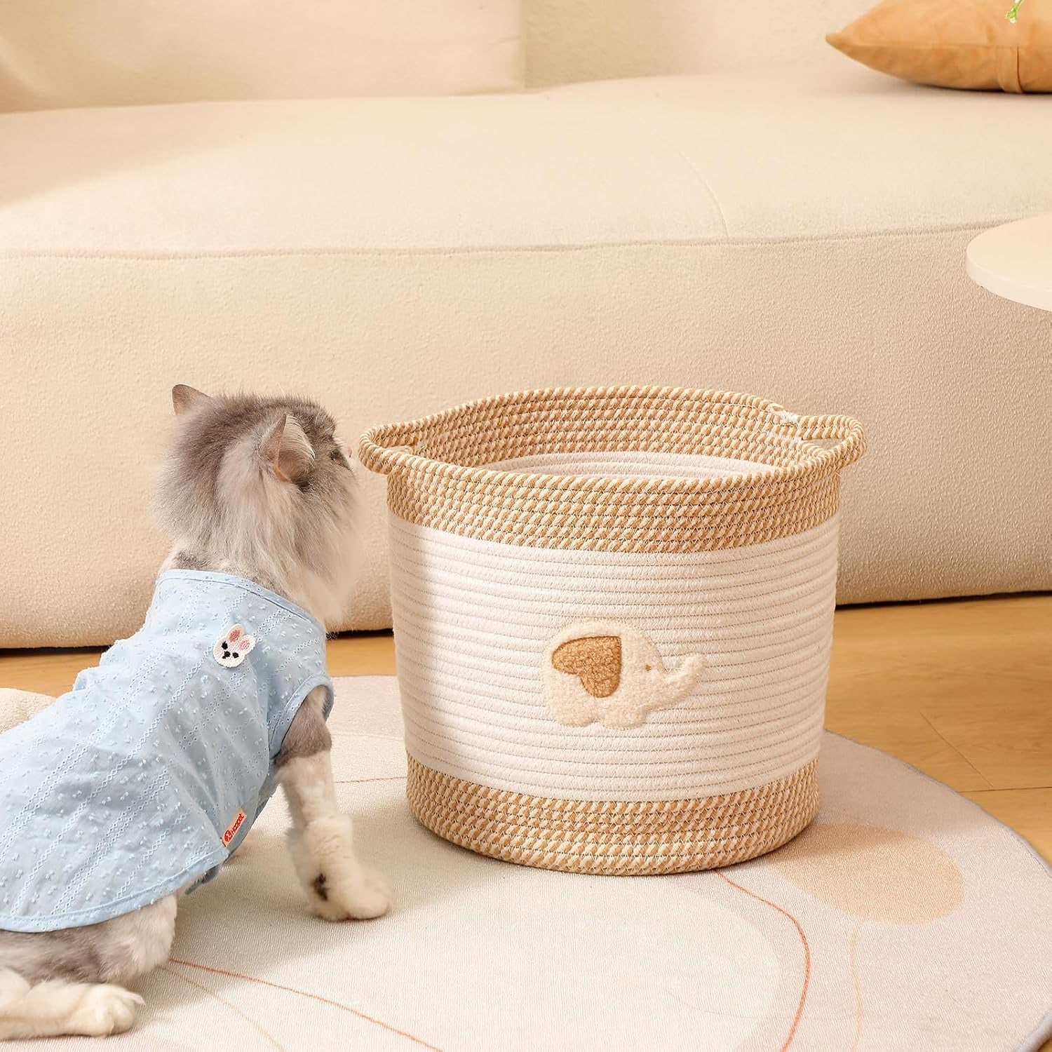 Woven Cotton Rope Toy Basket with Elephant Embroidery: image 2