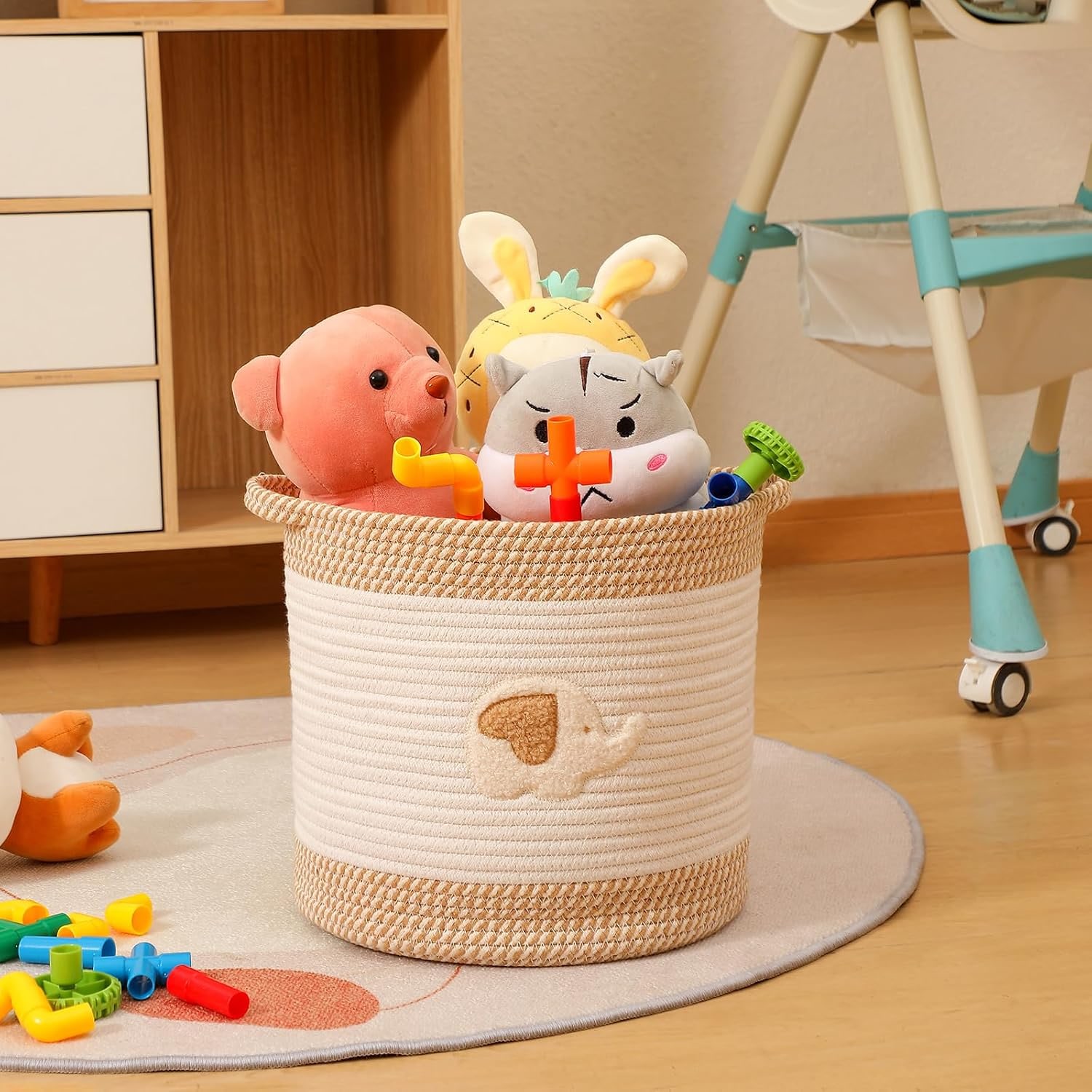 Woven Cotton Rope Toy Basket with Elephant Embroidery: image 3