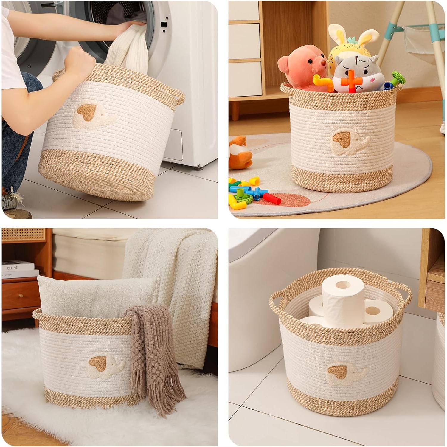 Woven Cotton Rope Toy Basket with Elephant Embroidery: image 4