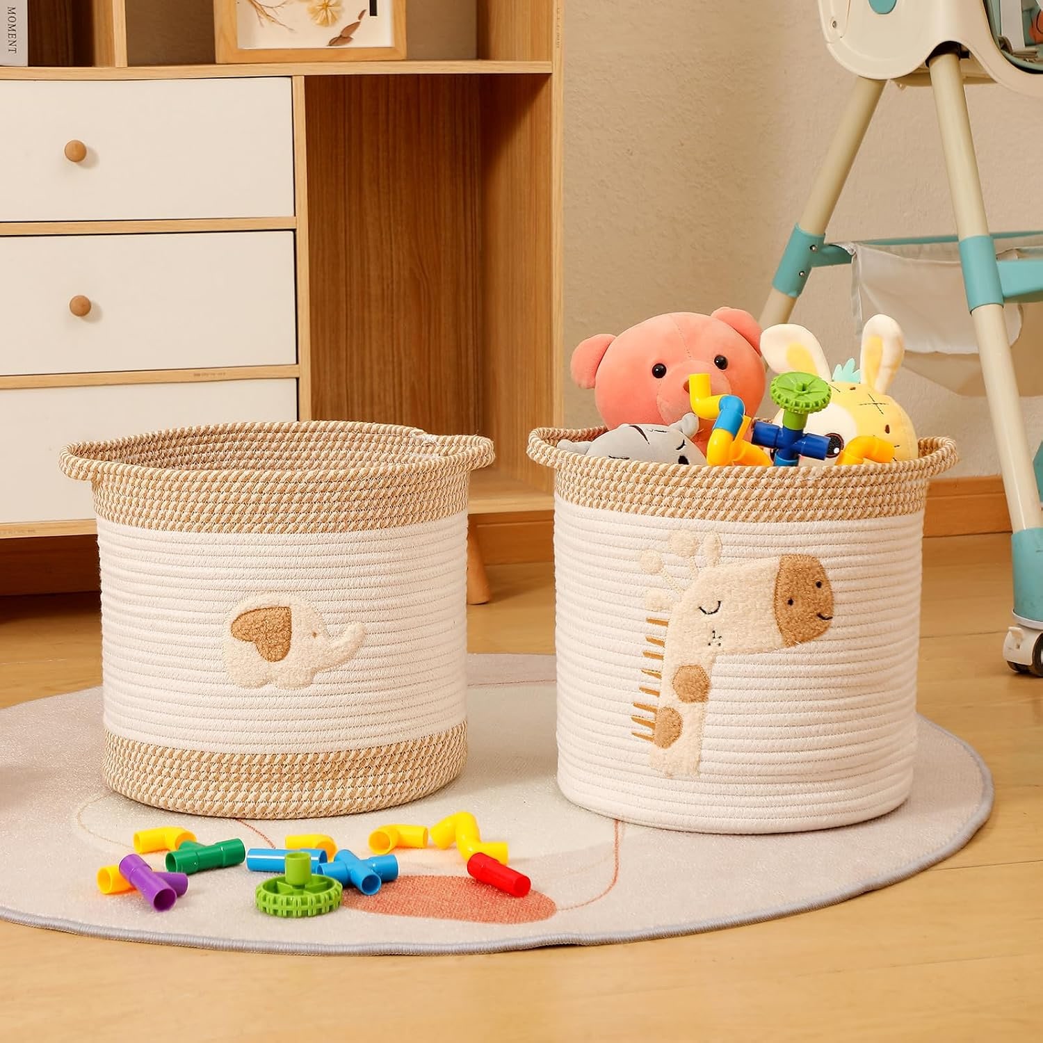 Woven Cotton Rope Toy Basket with Elephant Embroidery: image 7